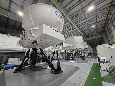 Row of full-flight simulators inside the CAE hall